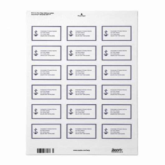 Nautical Anchor Navy Blu Framed 2LJ Adres Etiket (Full Sheet)