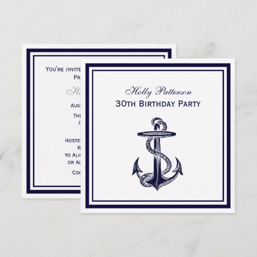 Nautical Anchor Navy Blue, 2S Birthday Party Kaart (Voorkant / Achterkant)