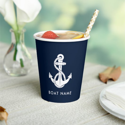 Nautical Anchor Navy Blue and White Boat Name Papieren Bekers (Insitu)