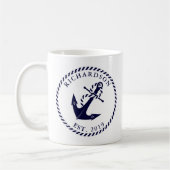 Nautical Anchor Navy Blue and White, gepersonalise Koffiemok (Links)