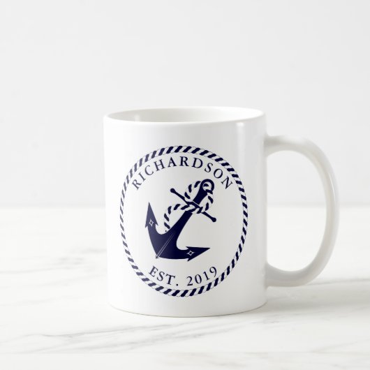 Nautical Anchor Navy Blue and White, gepersonalise Koffiemok (Rechts)