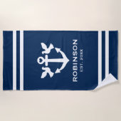 Nautical anchor navy blue and white newlyweds gift strandlaken (Voorkant)