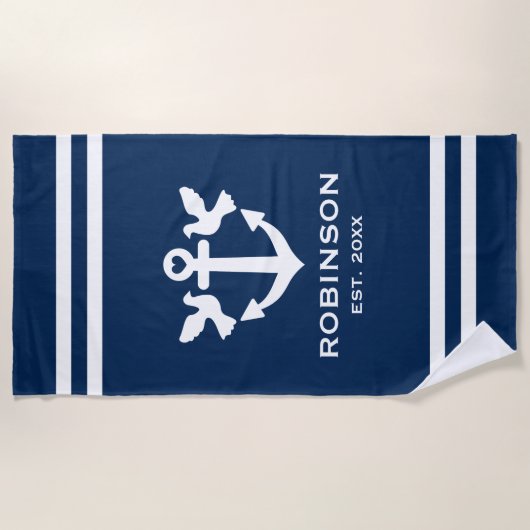 Nautical anchor navy blue and white newlyweds gift strandlaken (Voorkant)