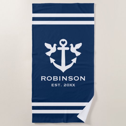 Nautical anchor navy blue and white newlyweds gift strandlaken (Voorkant)