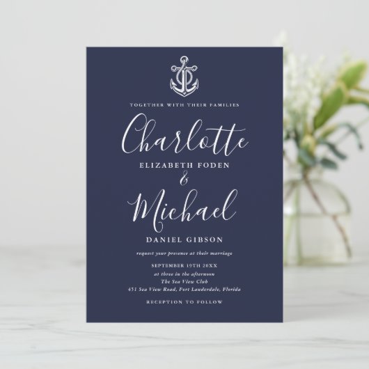 Nautical Anchor Navy Blue and White Script Weduwen Kaart (Staand voorkant)