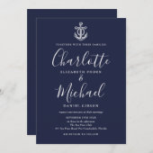 Nautical Anchor Navy Blue and White Script Weduwen Kaart (Voorkant / Achterkant)