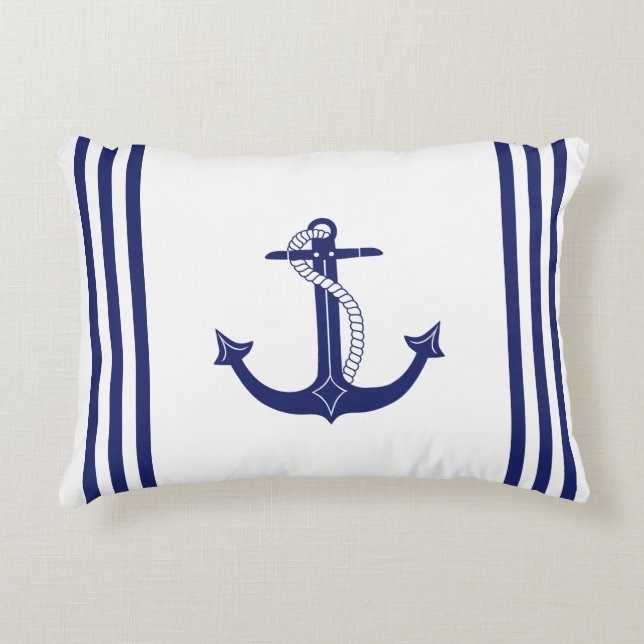 Nautical Anchor Navy Blue and White Stripes Accent Kussen (Voorkant)