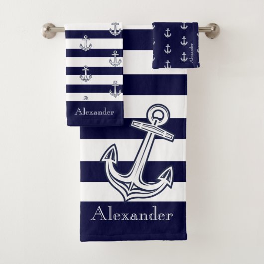 Nautical Anchor Navy Blue and White Stripes Bad Handdoek (Insitu)