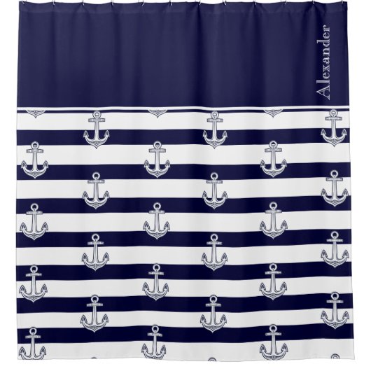 Nautical Anchor Navy Blue and White Stripes Douchegordijn (Voorkant)