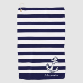 Nautical Anchor Navy Blue and White Stripes Golfhanddoek