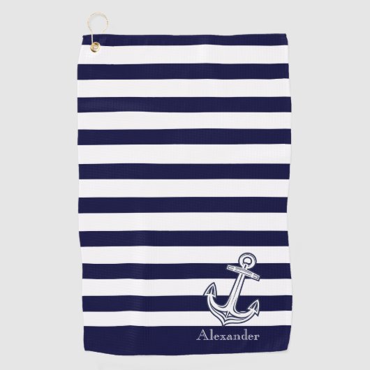 Nautical Anchor Navy Blue and White Stripes Golfhanddoek (Voorkant)