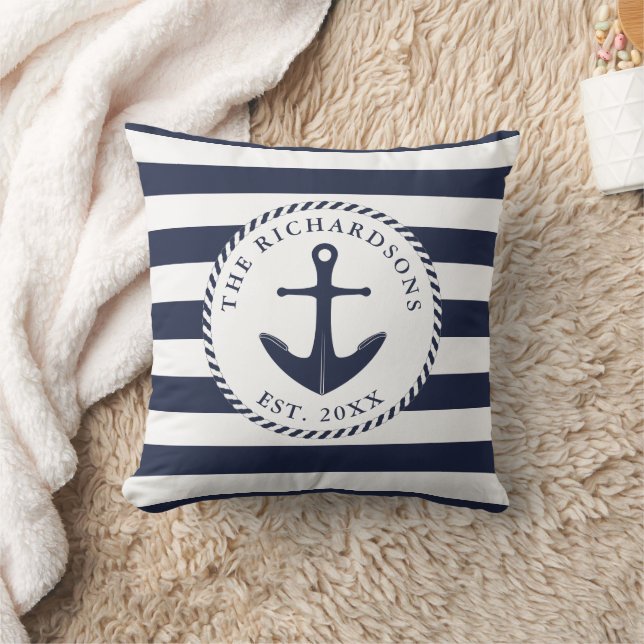 Nautical Anchor Navy Blue and White Stripes Kussen (Deken)