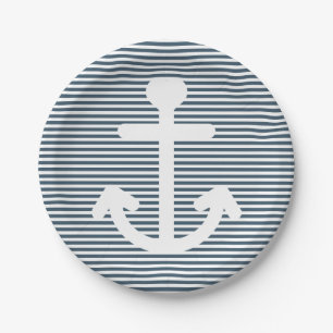 Nautical Anchor Navy Blue and White Stripes Papieren Bordje