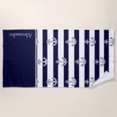 Nautical Anchor Navy Blue and White Stripes Strandlaken (Voorkant)
