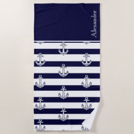 Nautical Anchor Navy Blue and White Stripes Strandlaken