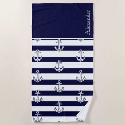 Nautical Anchor Navy Blue and White Stripes Strandlaken (Voorkant)