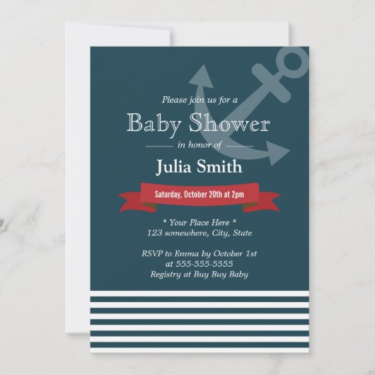 Nautical Anchor Navy Blue Baby Shower Invitations Kaart (Voorkant)