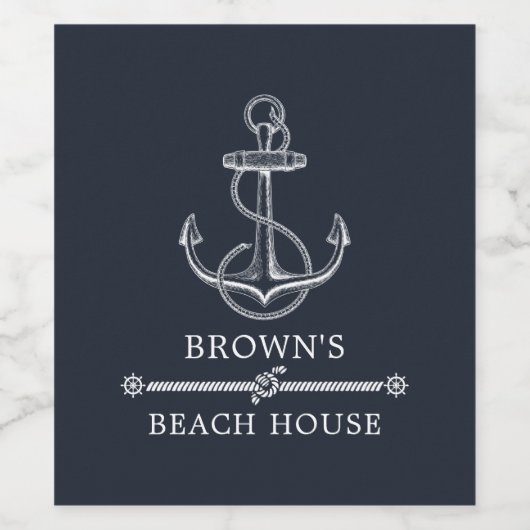 Nautical Anchor Navy Blue Beach of Lake House Wijn Etiket (Enkel label)
