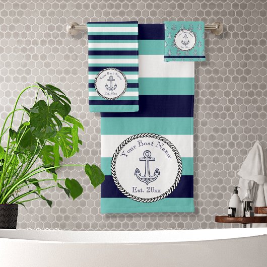 Nautical Anchor Navy Blue Blauwgroen White strepen Bad Handdoek