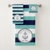 Nautical Anchor Navy Blue Blauwgroen White strepen Bad Handdoek (Insitu)