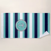 Nautical Anchor Navy Blue Blauwgroen White strepen Strandlaken (Voorkant)