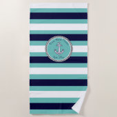 Nautical Anchor Navy Blue Blauwgroen White strepen Strandlaken (Voorkant)