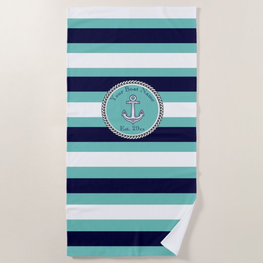Nautical Anchor Navy Blue Blauwgroen White strepen Strandlaken (Voorkant)