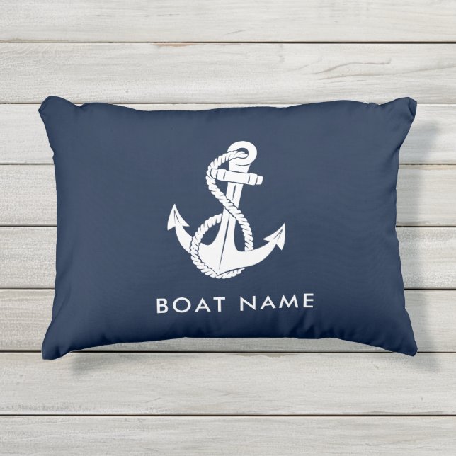 Nautical Anchor Navy Blue Boat Name Buitenkussen (Voorkant)