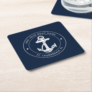Nautical Anchor Navy Blue Boat Name Kartonnen Onderzetters
