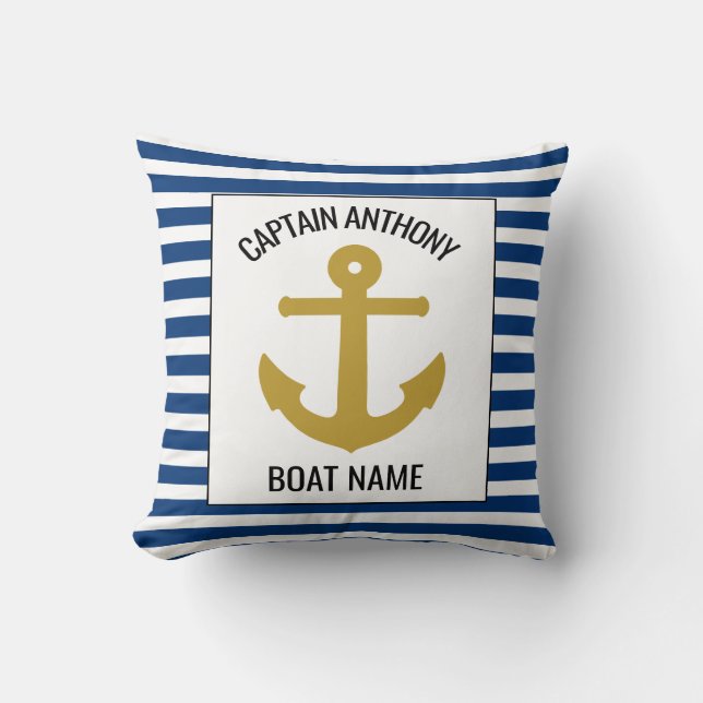 Nautical Anchor Navy Blue Captain and Boat Name Kussen (Voorkant)