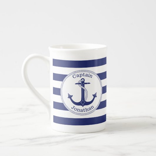 Nautical Anchor Navy Blue Captain Personalized Porselein Kop (Links)