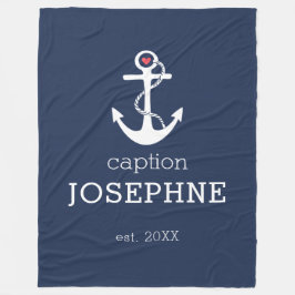Nautical Anchor Navy Blue Caption, gepersonaliseer Fleece Deken