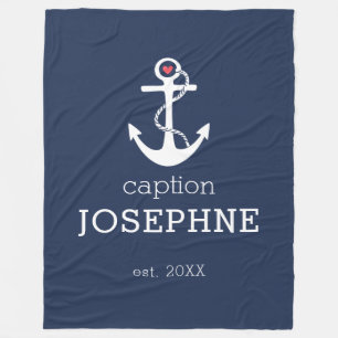 Nautical Anchor Navy Blue Caption, gepersonaliseer Fleece Deken