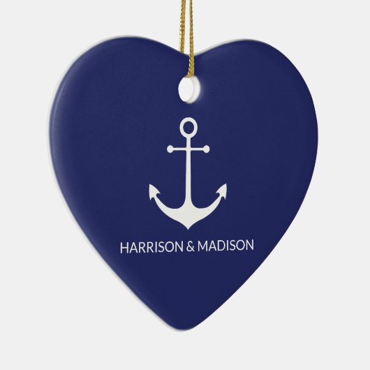 Nautical anchor navy blue custom name hart keramisch ornament (Rechts)