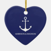 Nautical anchor navy blue custom name hart keramisch ornament (Voorkant)