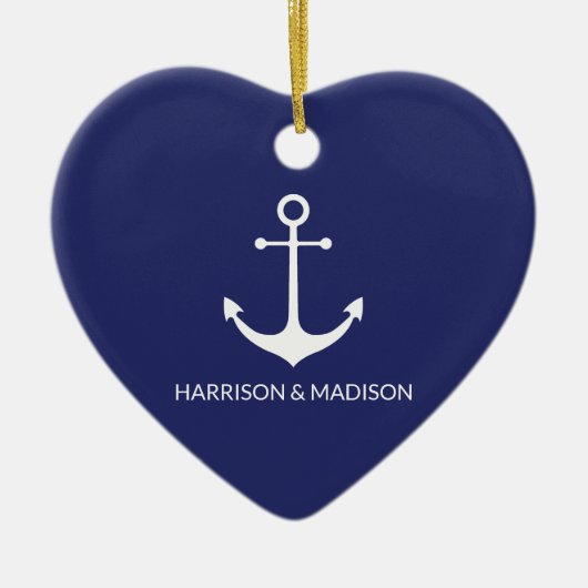 Nautical anchor navy blue custom name hart keramisch ornament (Voorkant)