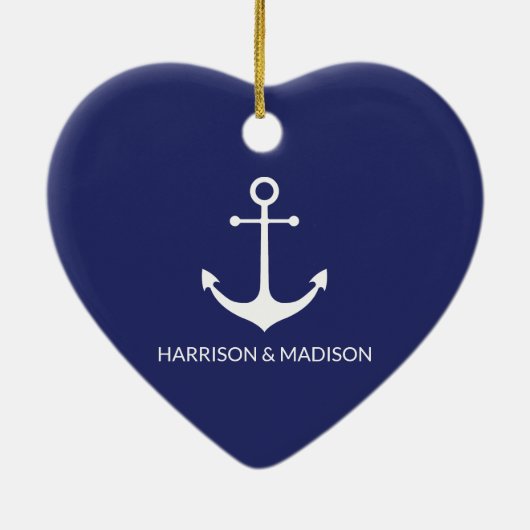 Nautical anchor navy blue custom name hart keramisch ornament (Achterkant)