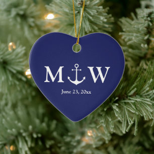 Nautical anchor navy blue douane-monogram keramisch ornament