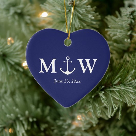 Nautical anchor navy blue douane-monogram keramisch ornament (Boom)