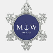 Nautical anchor navy blue douane-monogram tin sneeuwvlok ornament (Voorkant)