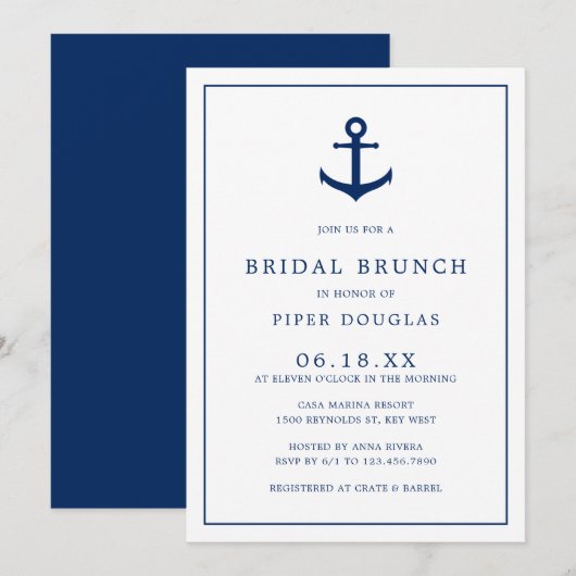 Nautical Anchor Navy Blue Elegant Bridal Brunch Kaart (Voorkant / Achterkant)