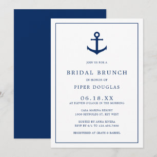 Nautical Anchor Navy Blue Elegant Bridal Brunch Kaart