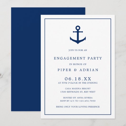 Nautical Anchor Navy Blue Elegant Engagement Party Kaart (Voorkant / Achterkant)