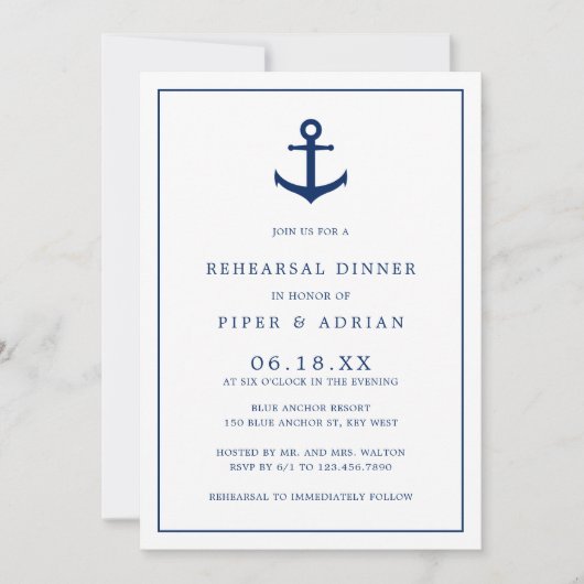 Nautical Anchor Navy Blue Elegant Rehearsal Dinner Kaart (Voorkant)