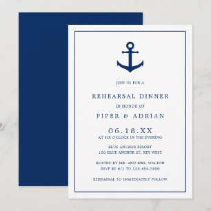 Nautical Anchor Navy Blue Elegant Rehearsal Dinner Kaart