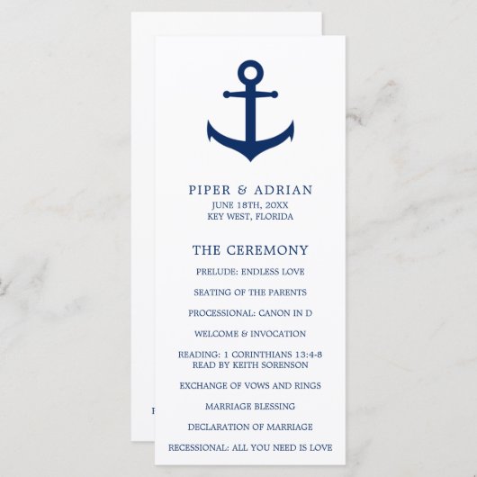 Nautical Anchor Navy Blue Elegant Wedding Programmakaart (Voorkant / Achterkant)