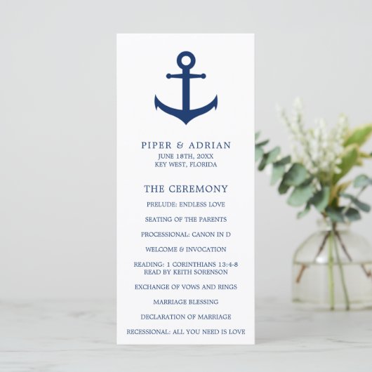 Nautical Anchor Navy Blue Elegant Wedding Programmakaart (Staand voorkant)