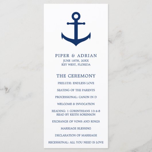 Nautical Anchor Navy Blue Elegant Wedding Programmakaart (Voorkant)