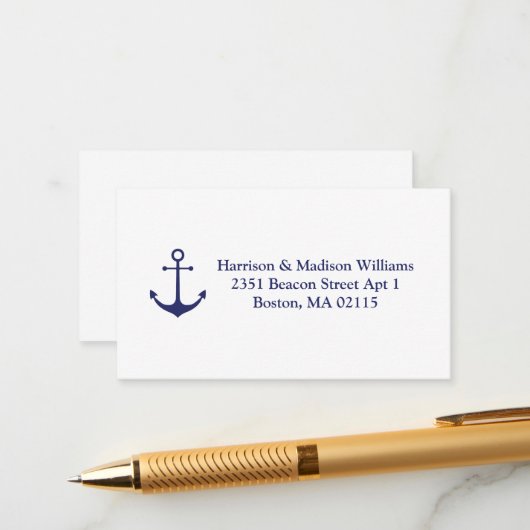 Nautical anchor navy blue en white custom address informatiekaartje (Voorkant / Achterkant in situ)