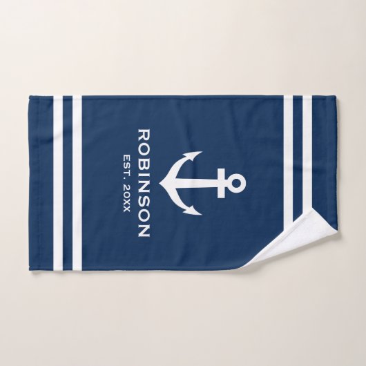Nautical anchor navy blue en white custom name bad handdoek (Handdoek)